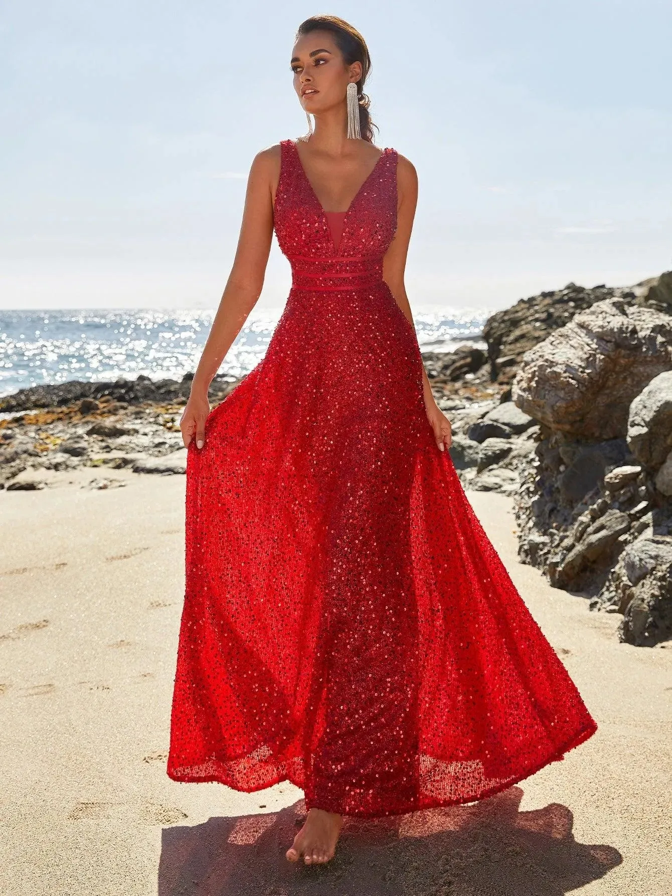 Elegant Deep V Neck Sequin A Line Prom Dresses