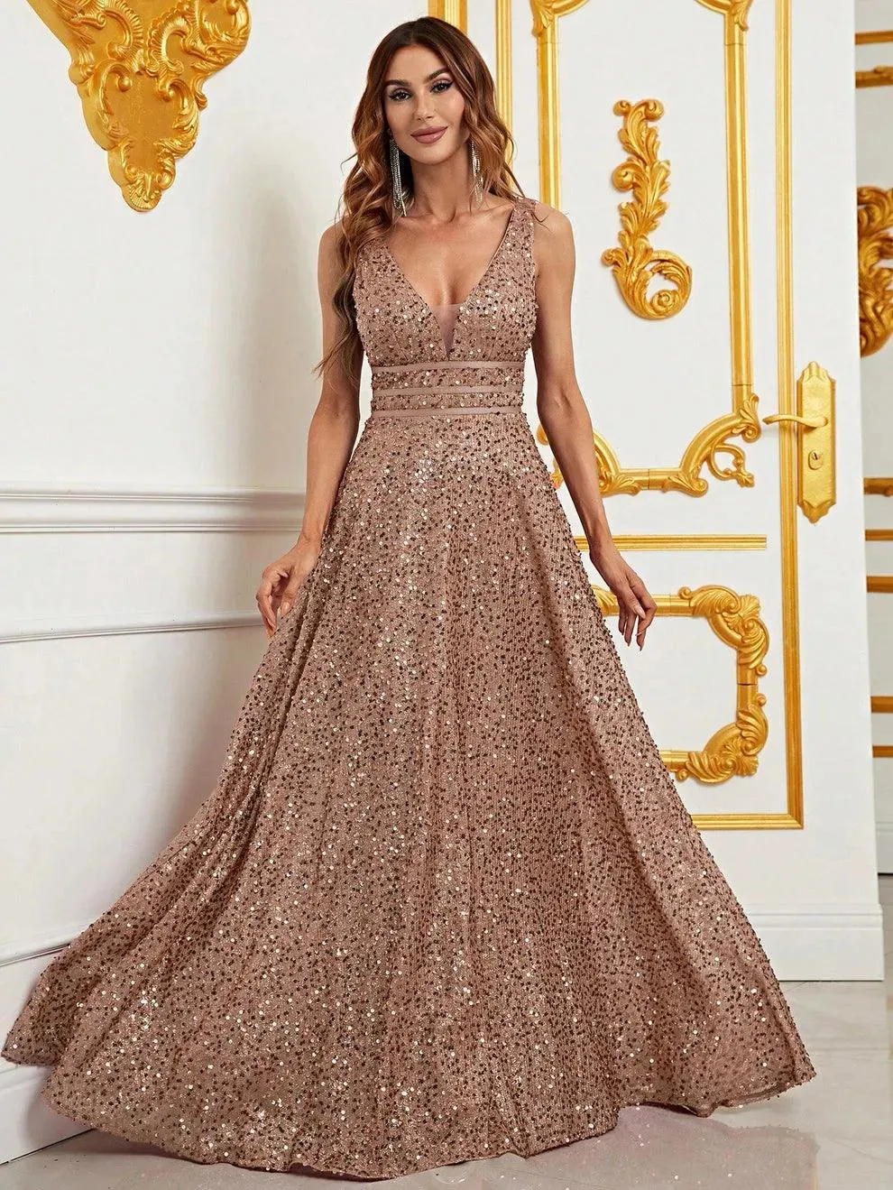 Elegant Deep V Neck Sequin A Line Prom Dresses