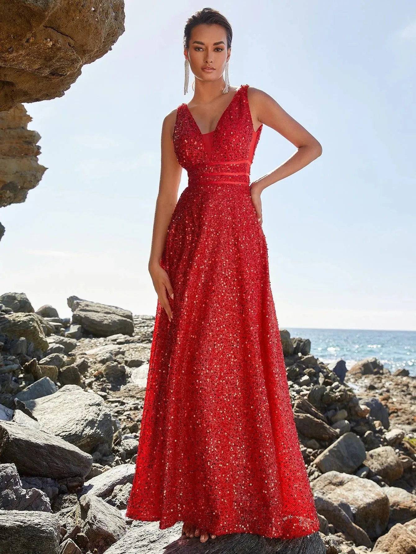 Elegant Deep V Neck Sequin A Line Prom Dresses