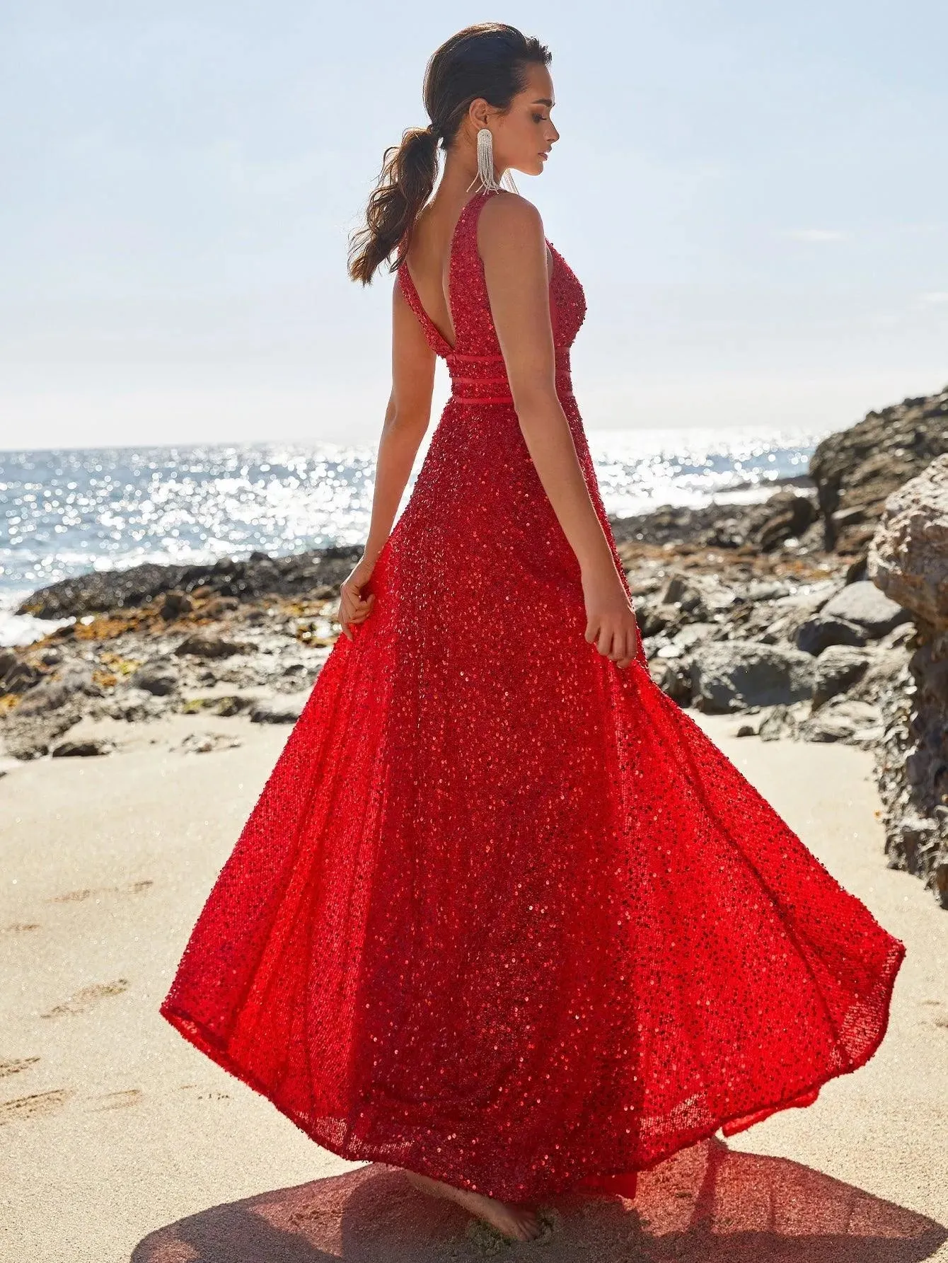 Elegant Deep V Neck Sequin A Line Prom Dresses