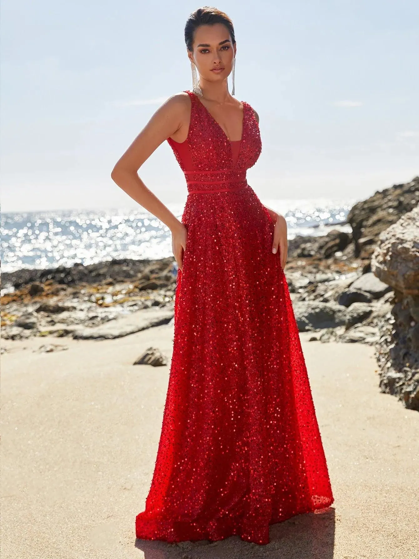 Elegant Deep V Neck Sequin A Line Prom Dresses