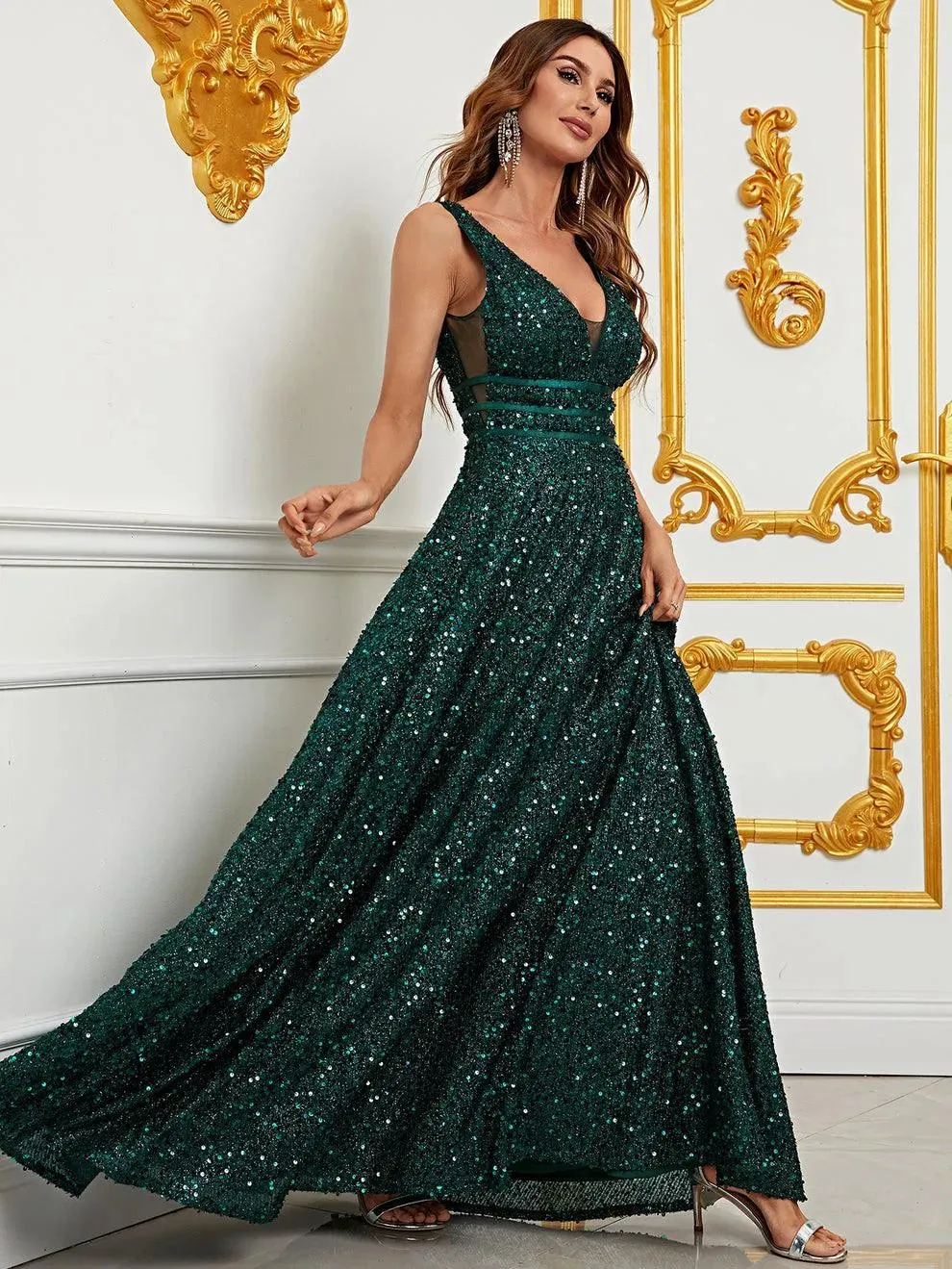 Elegant Deep V Neck Sequin A Line Prom Dresses