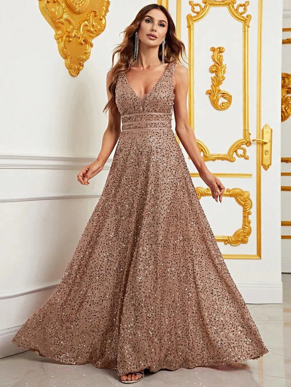 Elegant Deep V Neck Sequin A Line Prom Dresses