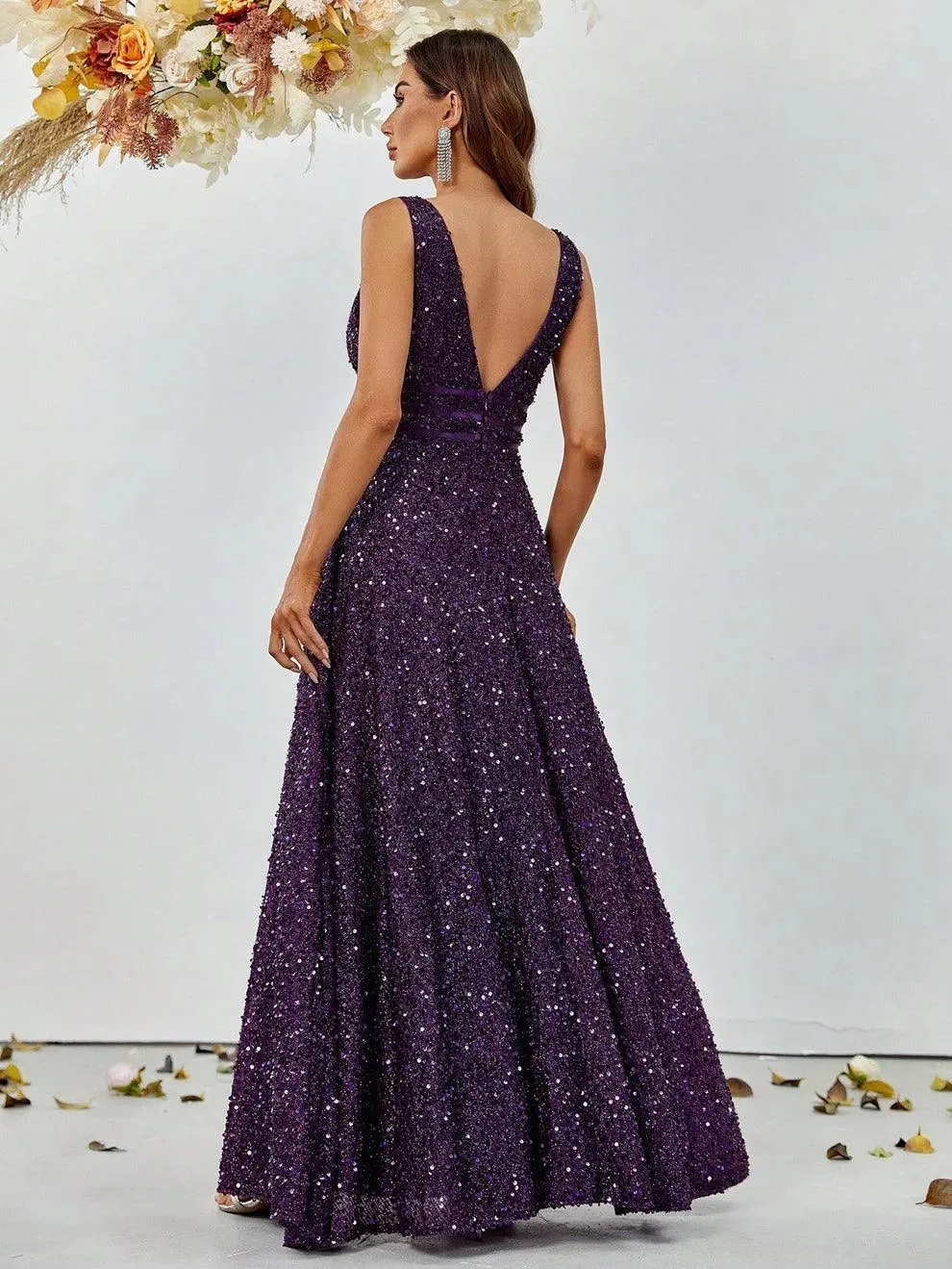 Elegant Deep V Neck Sequin A Line Prom Dresses