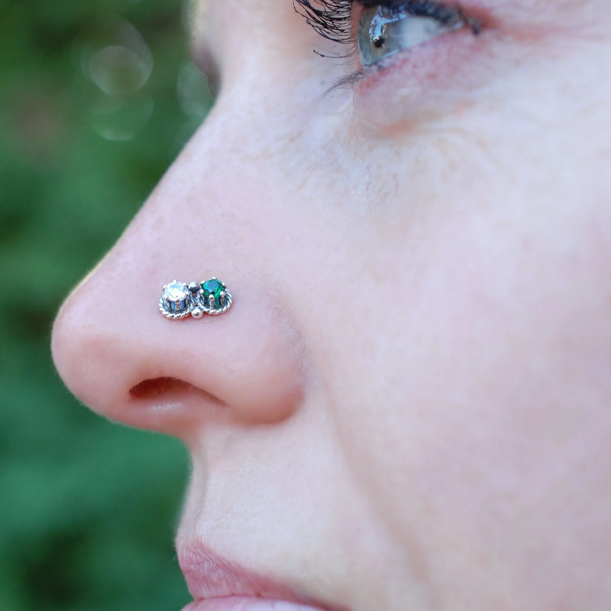 Emerald and Diamond Style Double Bling Nose Stud