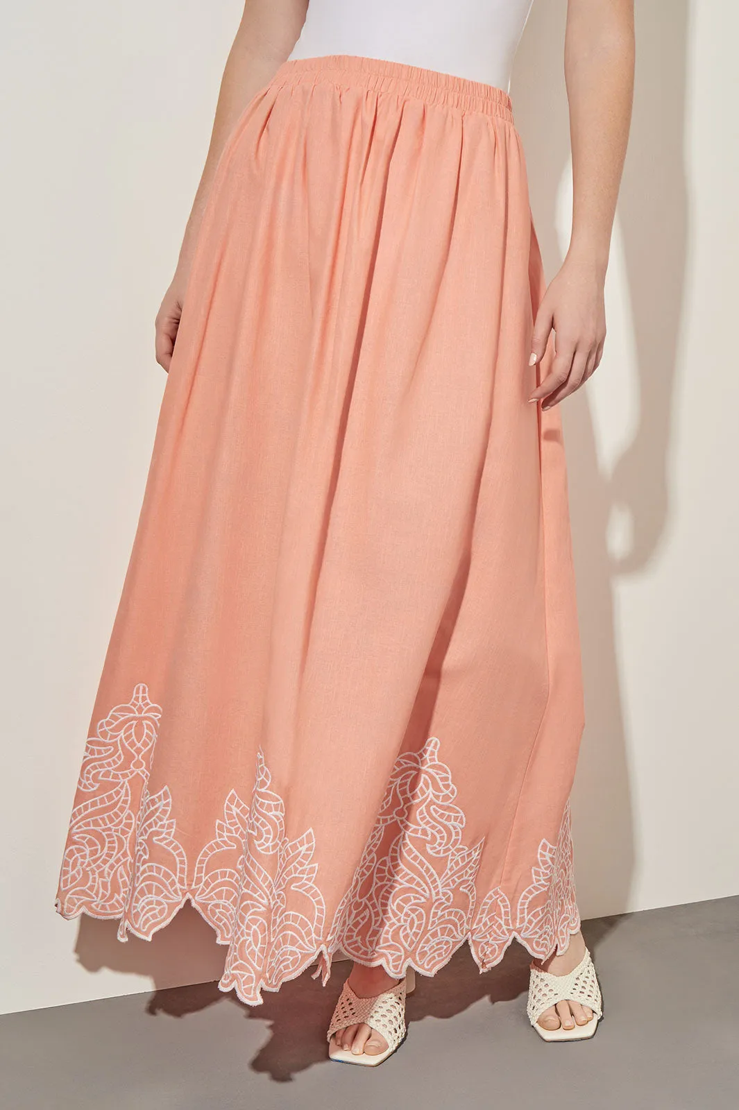 Flare Maxi Skirt - Embroidered Hem Woven