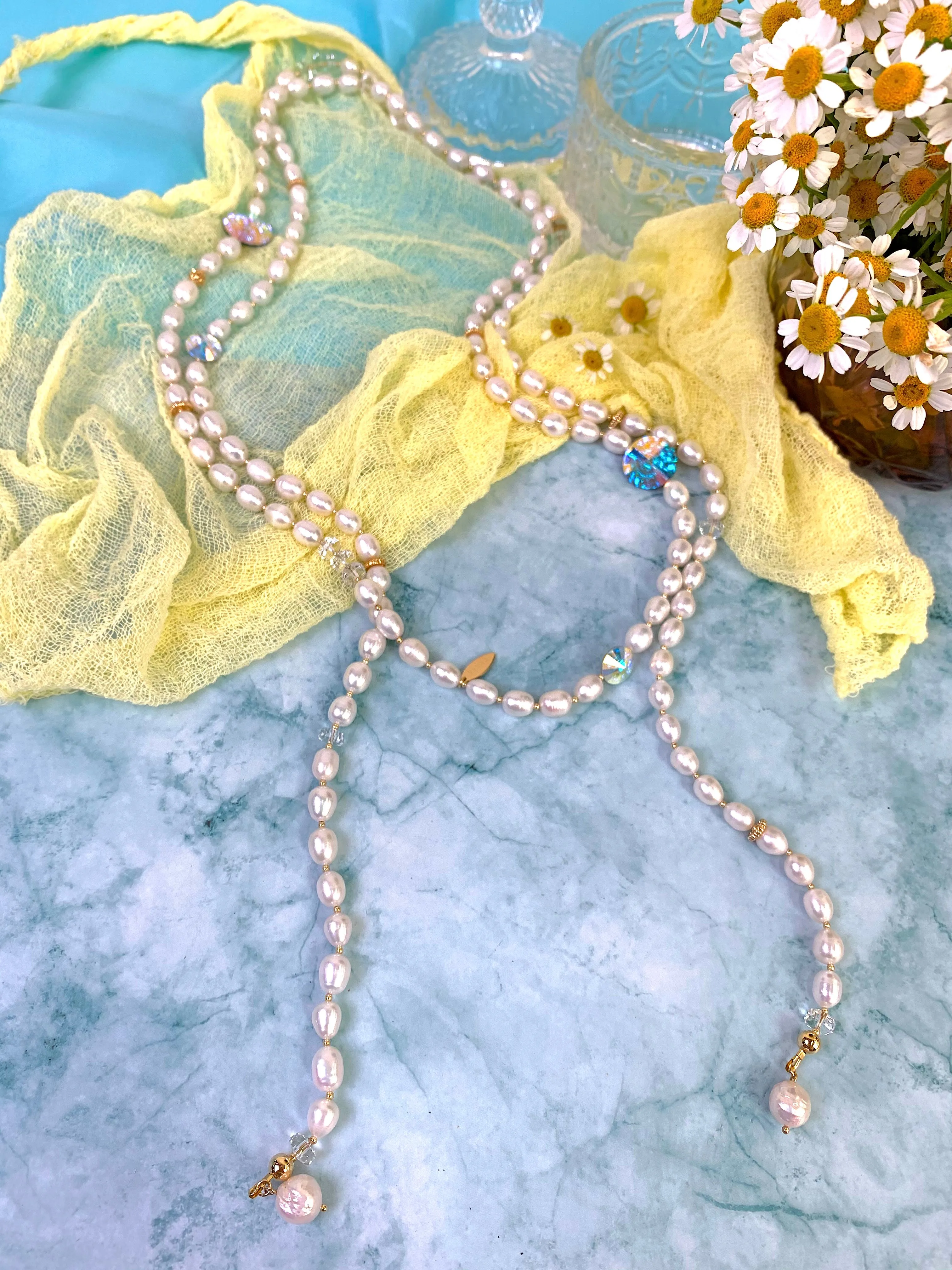 Freshwater Pearls With Swarovski Crystals Open Ended Long Necklace EN045