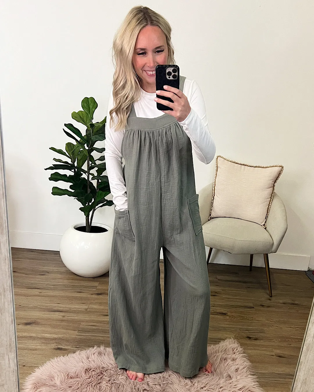 Gauze Wide Leg Overall Jumpsuit - Olive Gray FINAL SALE