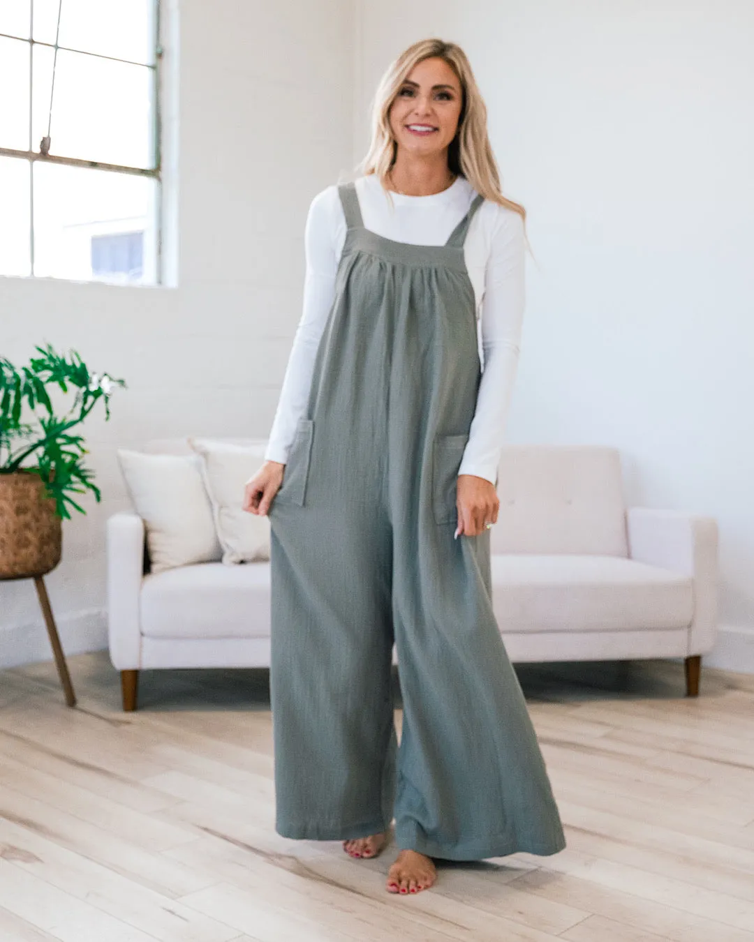 Gauze Wide Leg Overall Jumpsuit - Olive Gray FINAL SALE