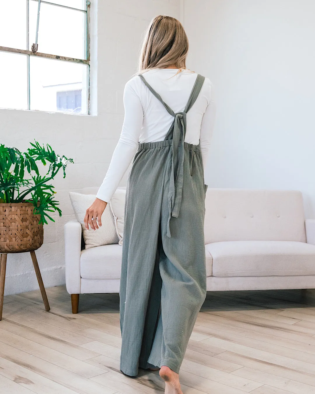 Gauze Wide Leg Overall Jumpsuit - Olive Gray FINAL SALE