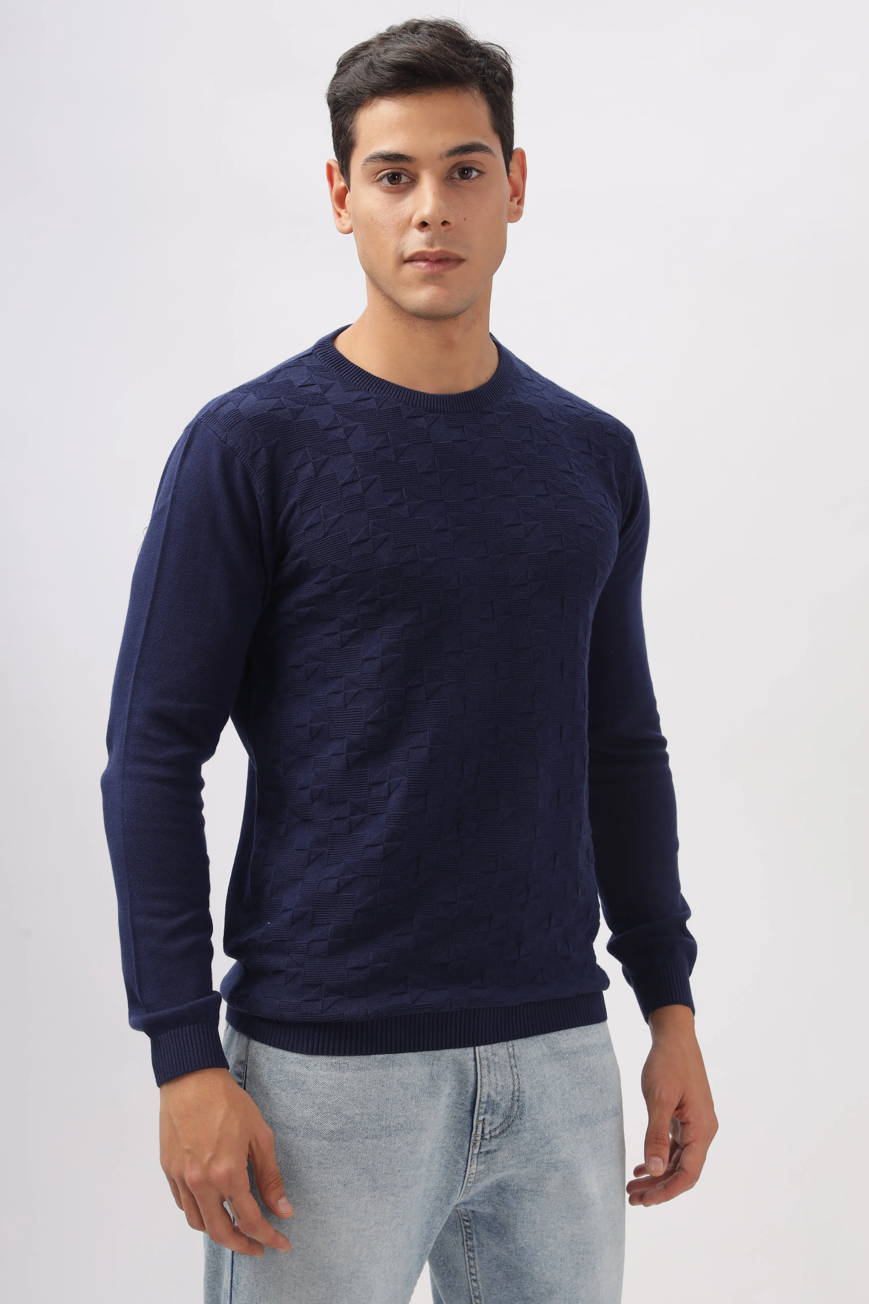 Geometric Knitted Navy BlueFull-Sleeve T-Shirt