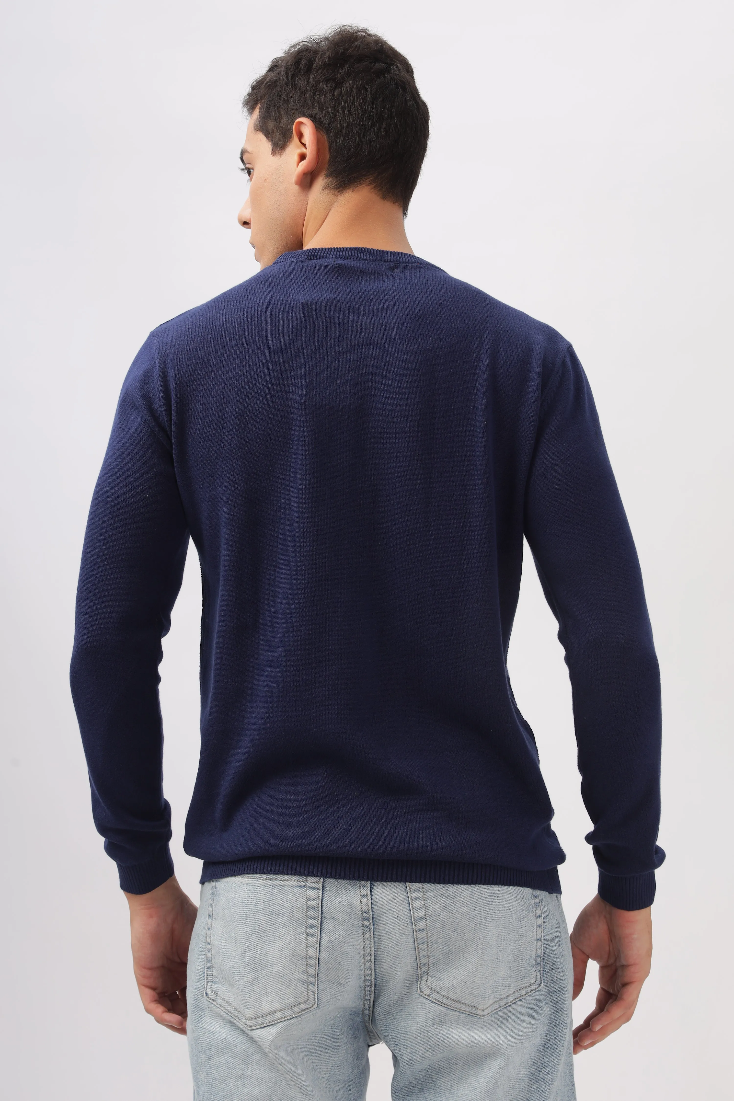 Geometric Knitted Navy BlueFull-Sleeve T-Shirt