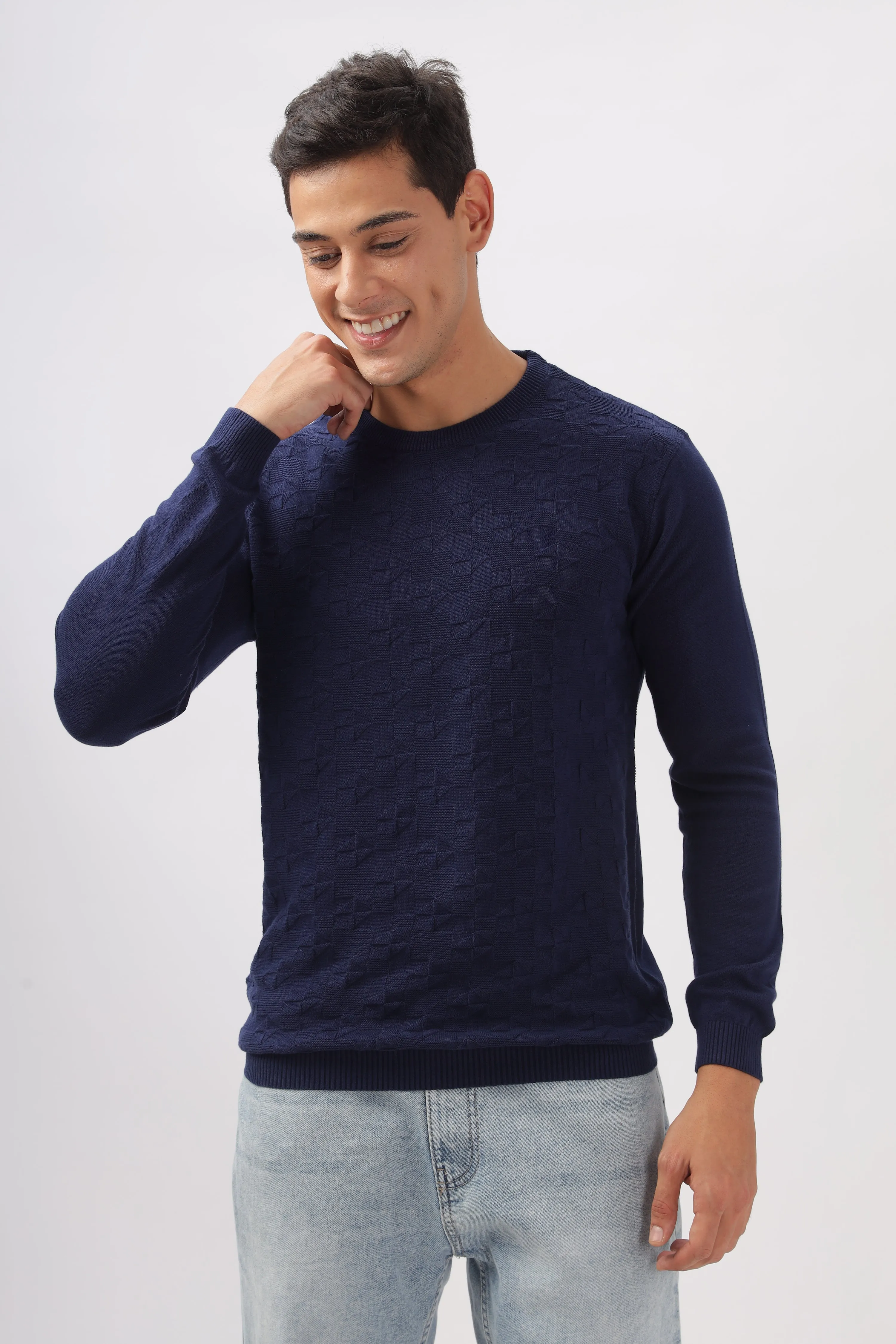 Geometric Knitted Navy BlueFull-Sleeve T-Shirt