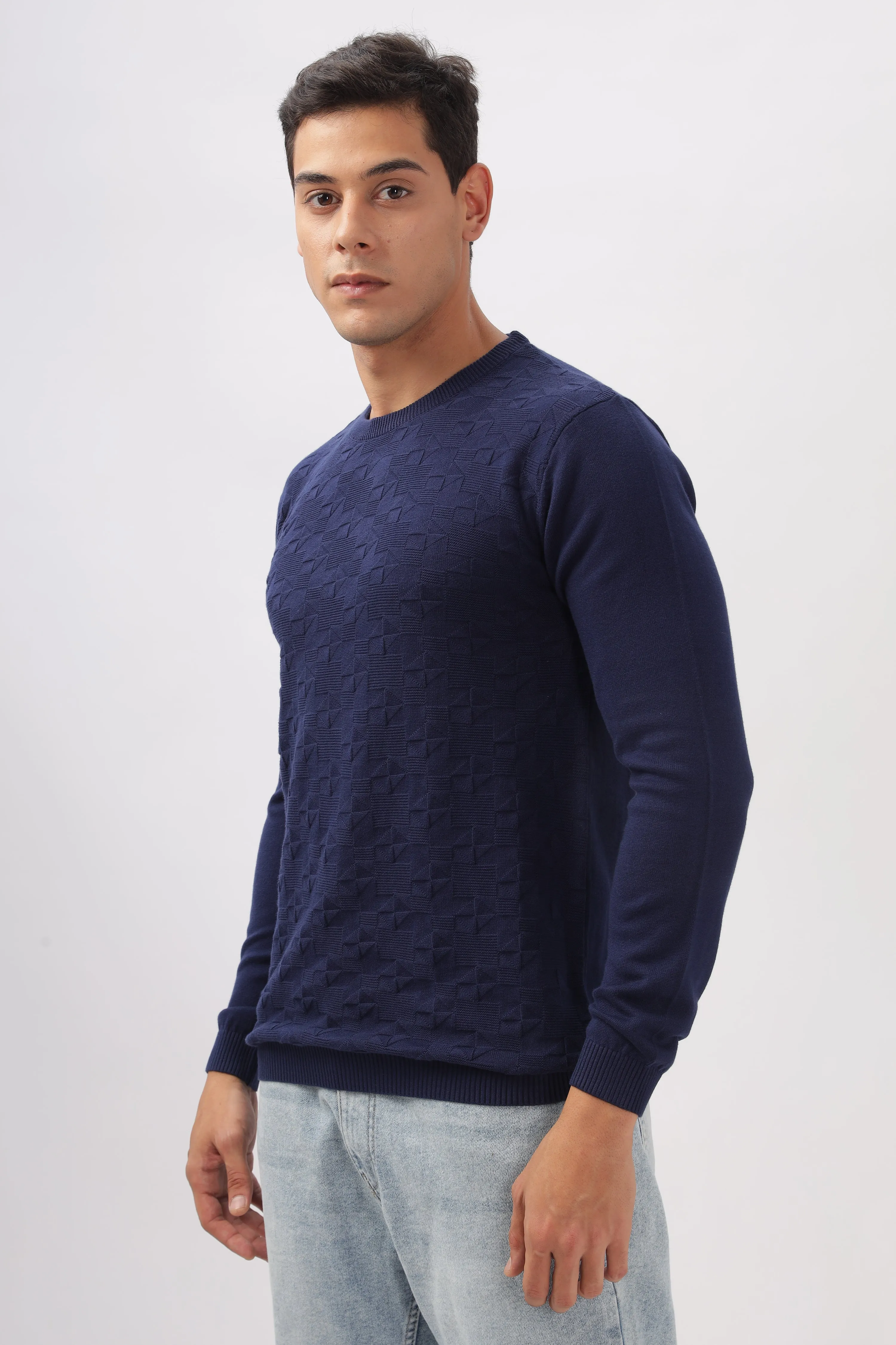 Geometric Knitted Navy BlueFull-Sleeve T-Shirt