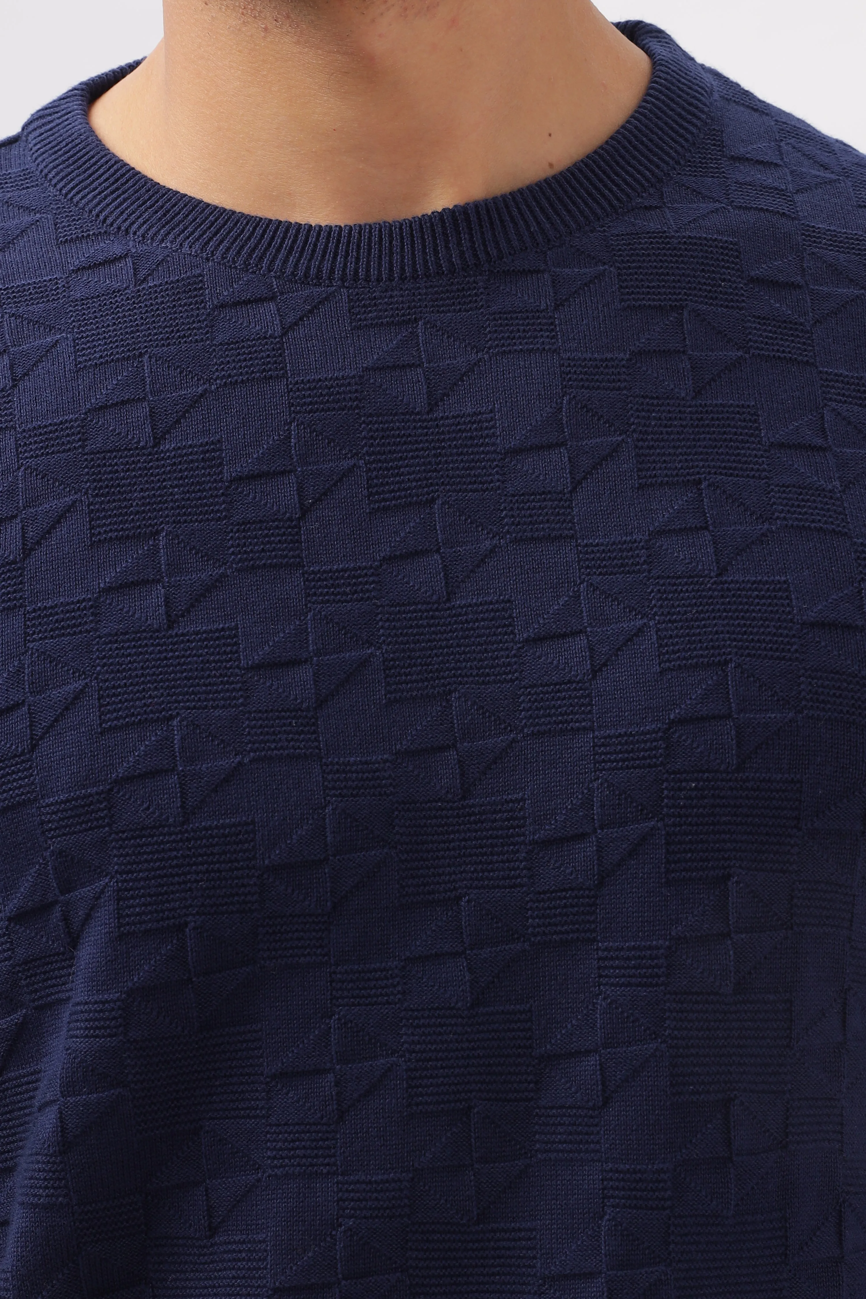 Geometric Knitted Navy BlueFull-Sleeve T-Shirt