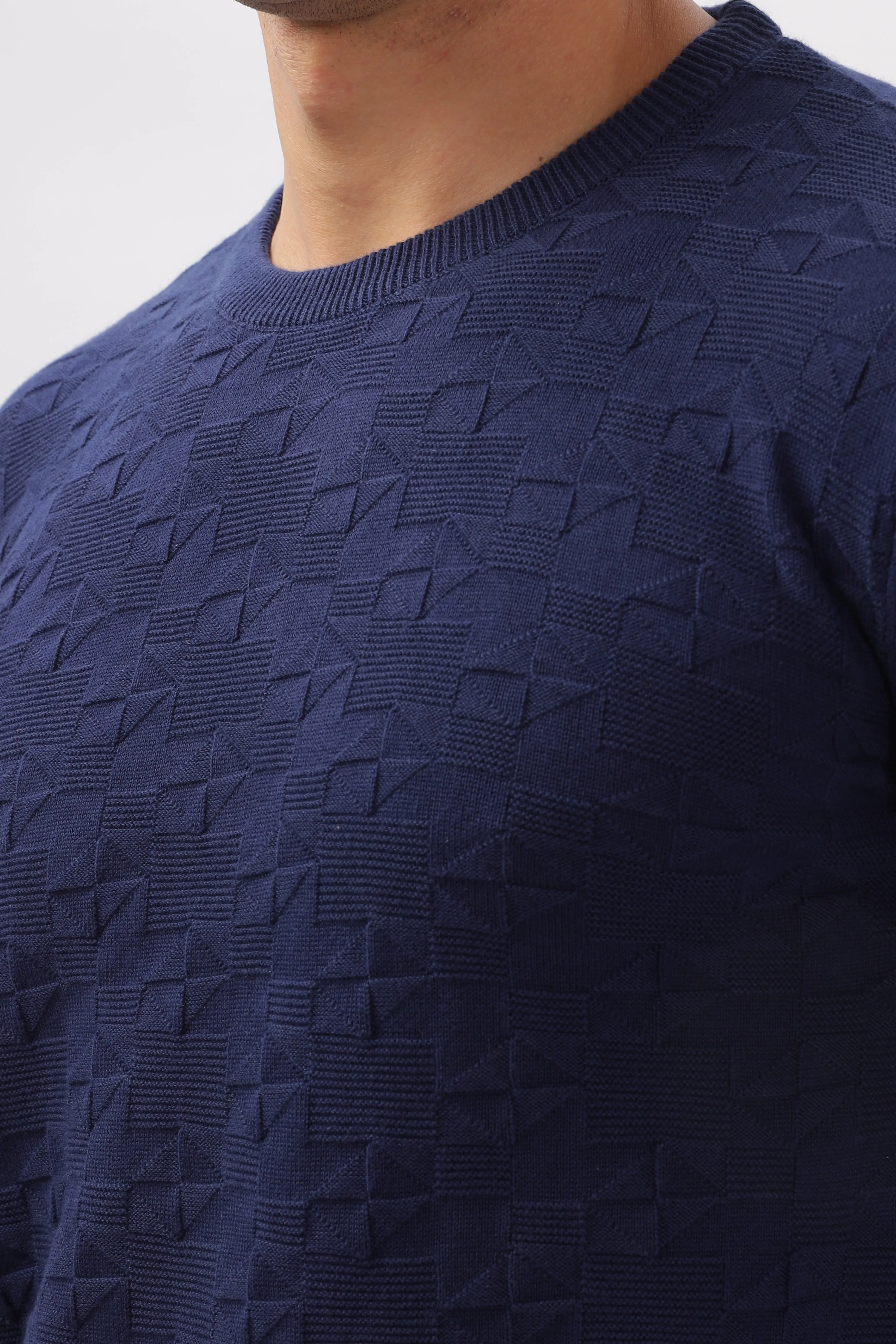 Geometric Knitted Navy BlueFull-Sleeve T-Shirt