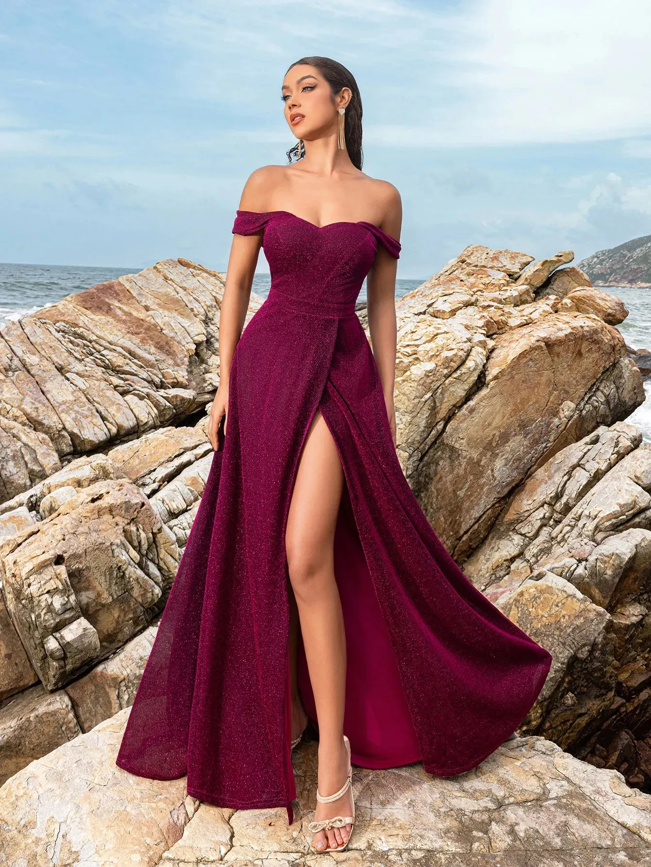 Glitter Off Shoulder A Line Split Thigh Evening Dress