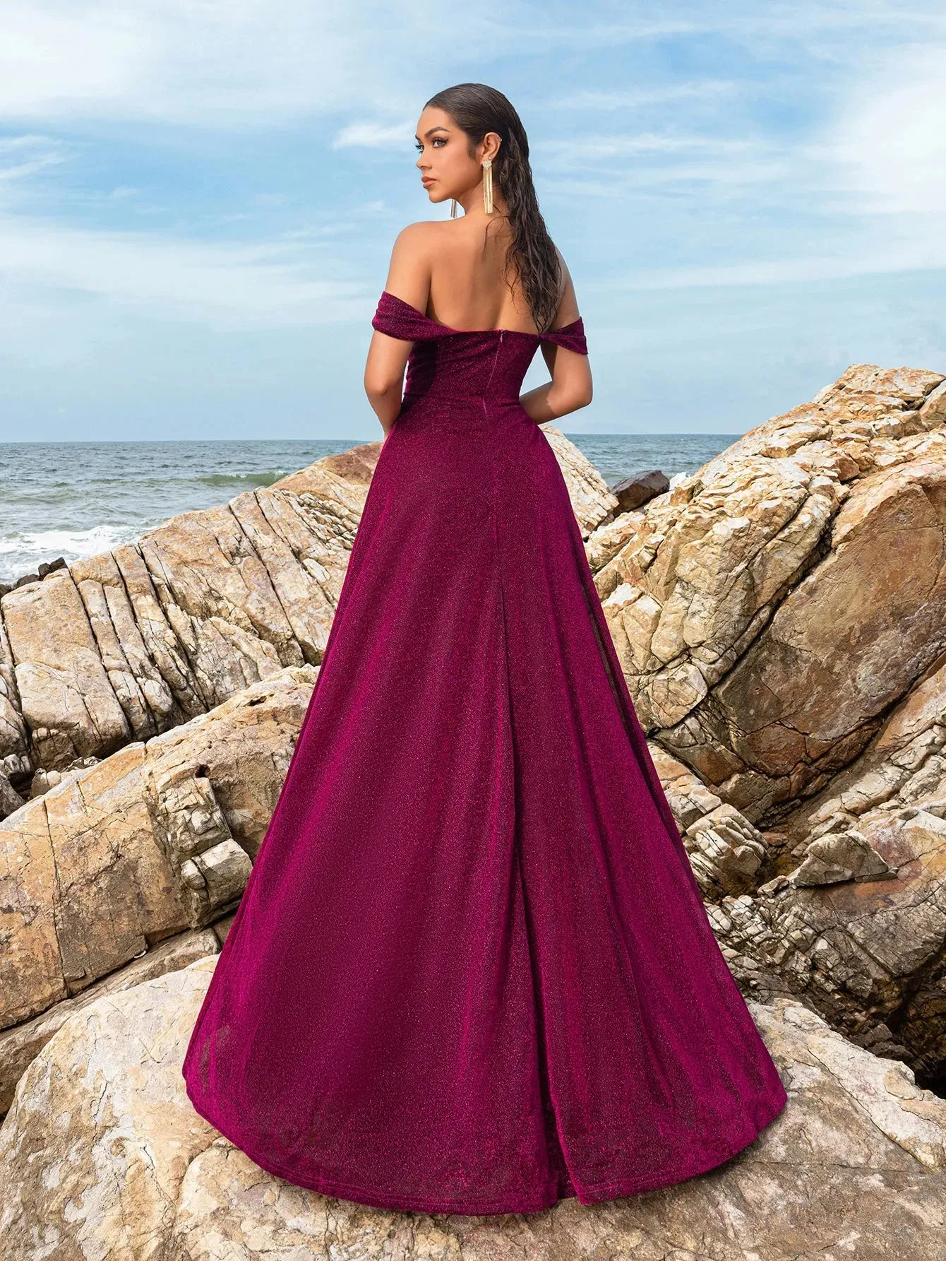 Glitter Off Shoulder A Line Split Thigh Evening Dress