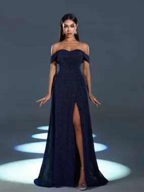 Glitter Off Shoulder A Line Split Thigh Evening Dress