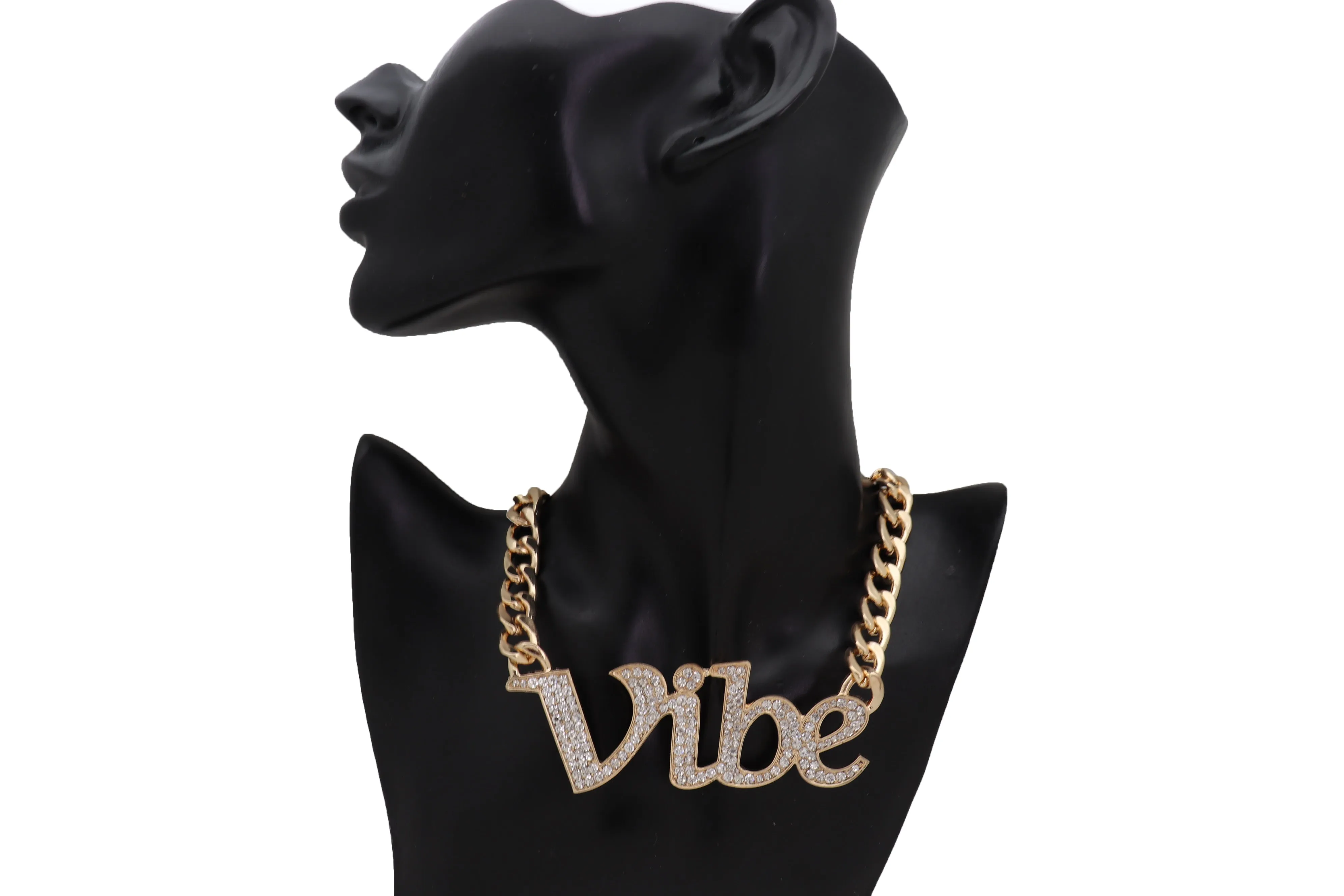 Gold Metal Chain Necklace VIBE Charm Bling Pendant Cool