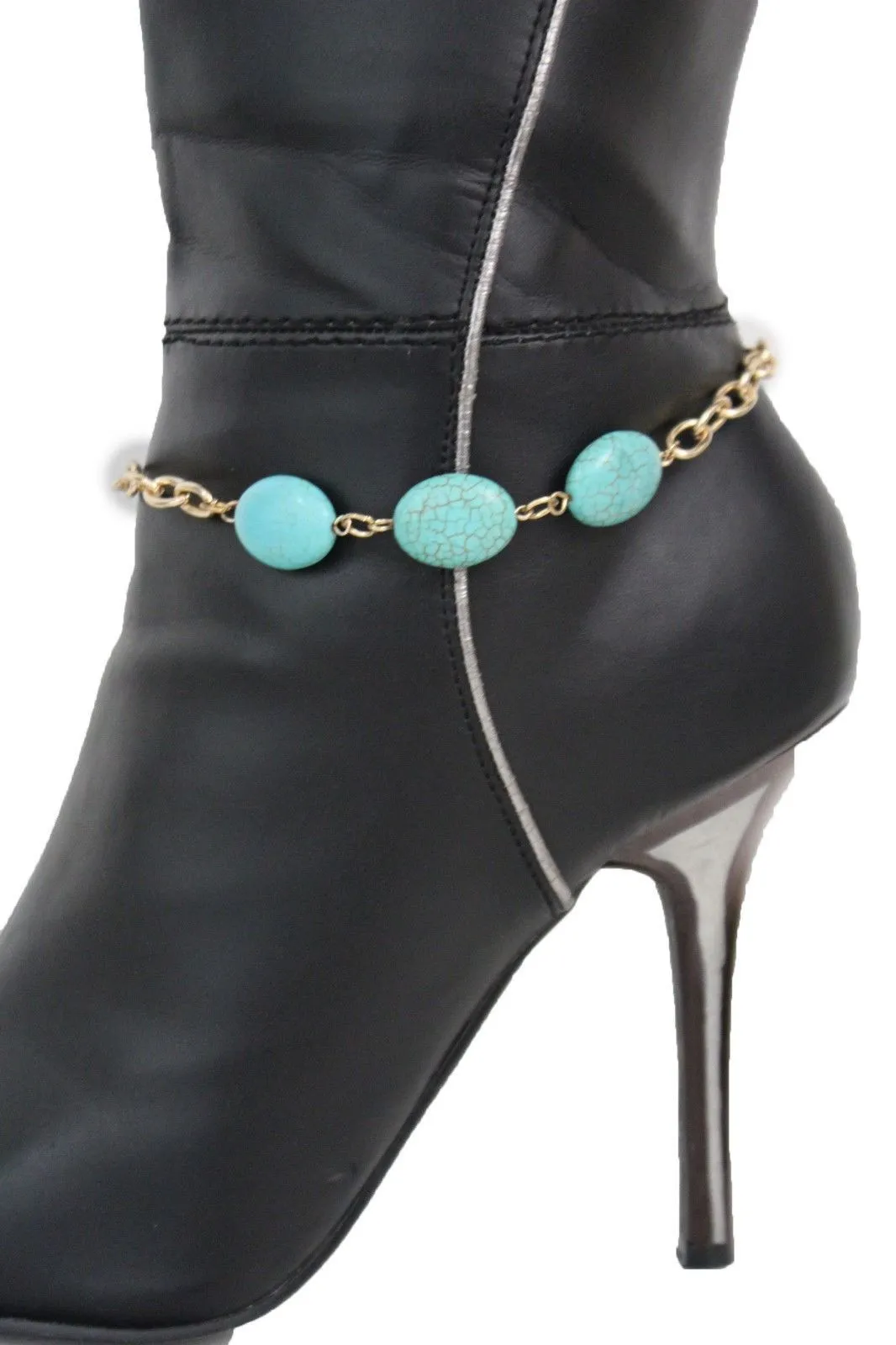 Gold Metal Chains Boot Bracelet Anklet Shoe Charm Antique Blue Beads