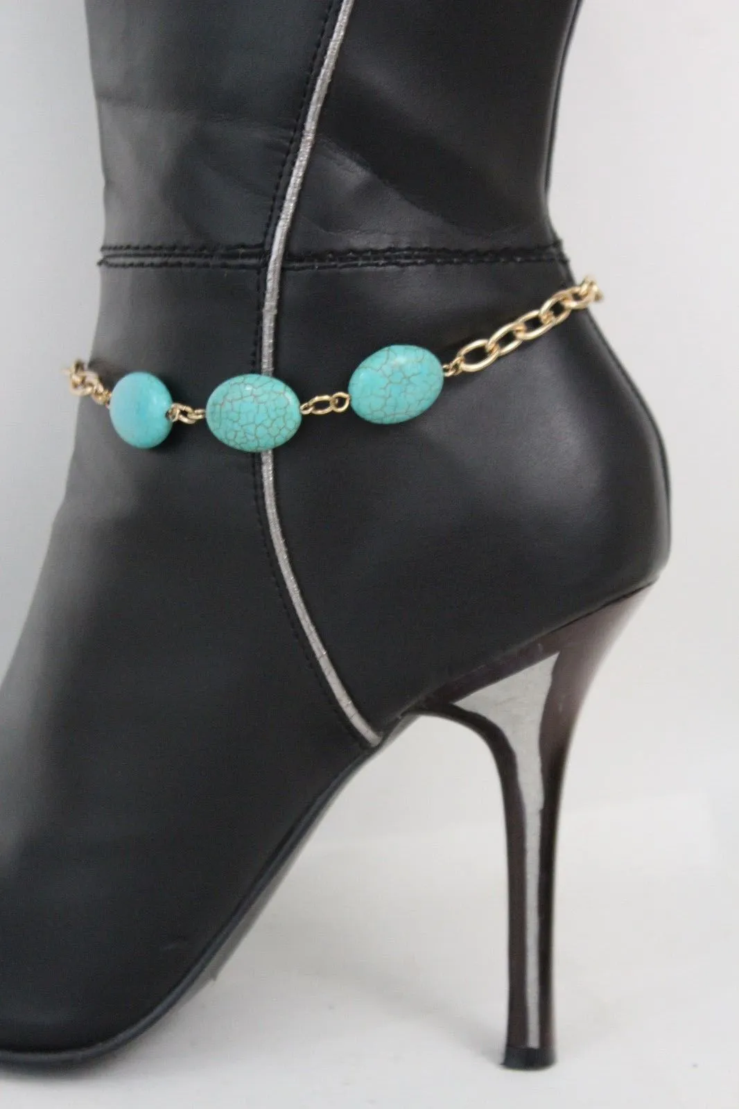 Gold Metal Chains Boot Bracelet Anklet Shoe Charm Antique Blue Beads