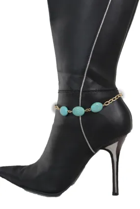 Gold Metal Chains Boot Bracelet Anklet Shoe Charm Antique Blue Beads