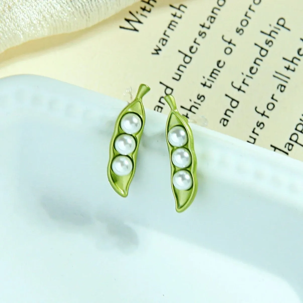 Golden and Green Color Pea Imitation Pearl Stud Earrings