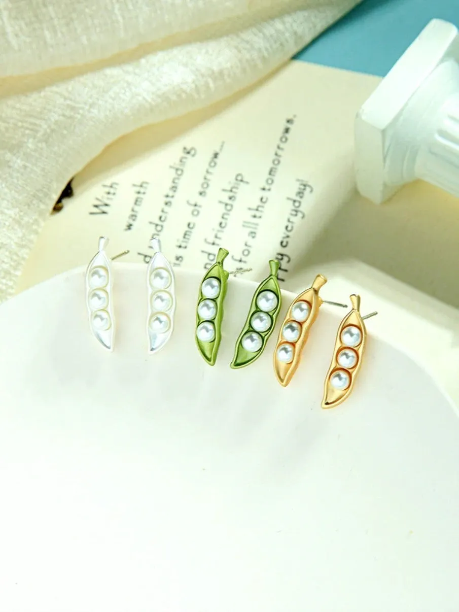 Golden and Green Color Pea Imitation Pearl Stud Earrings