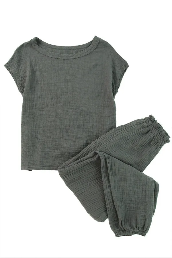 Gray Crinkled Texture Tee & Jogger Pants Set