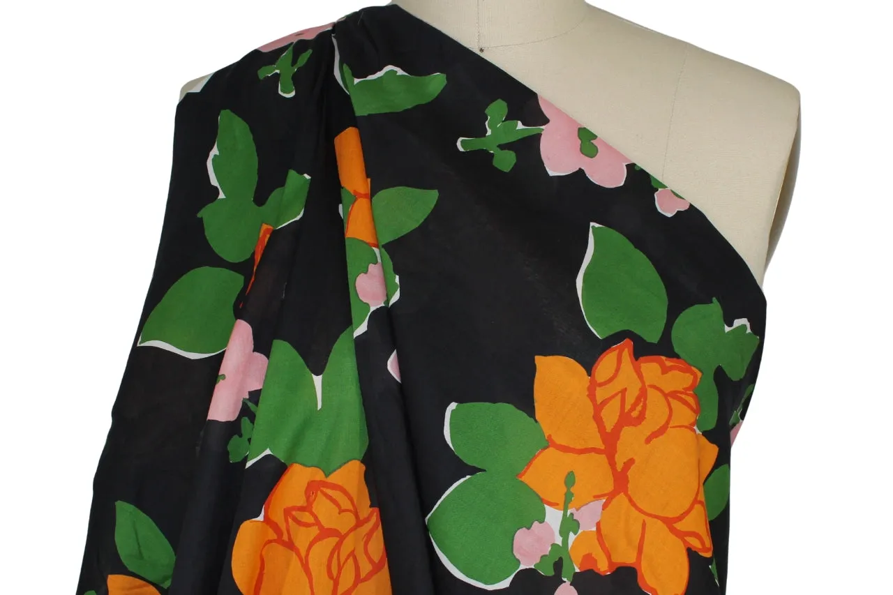 Haute NY Designer Floral Cotton Voile - Orange/Green/Rose on Black