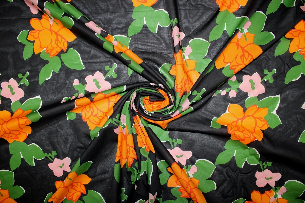 Haute NY Designer Floral Cotton Voile - Orange/Green/Rose on Black