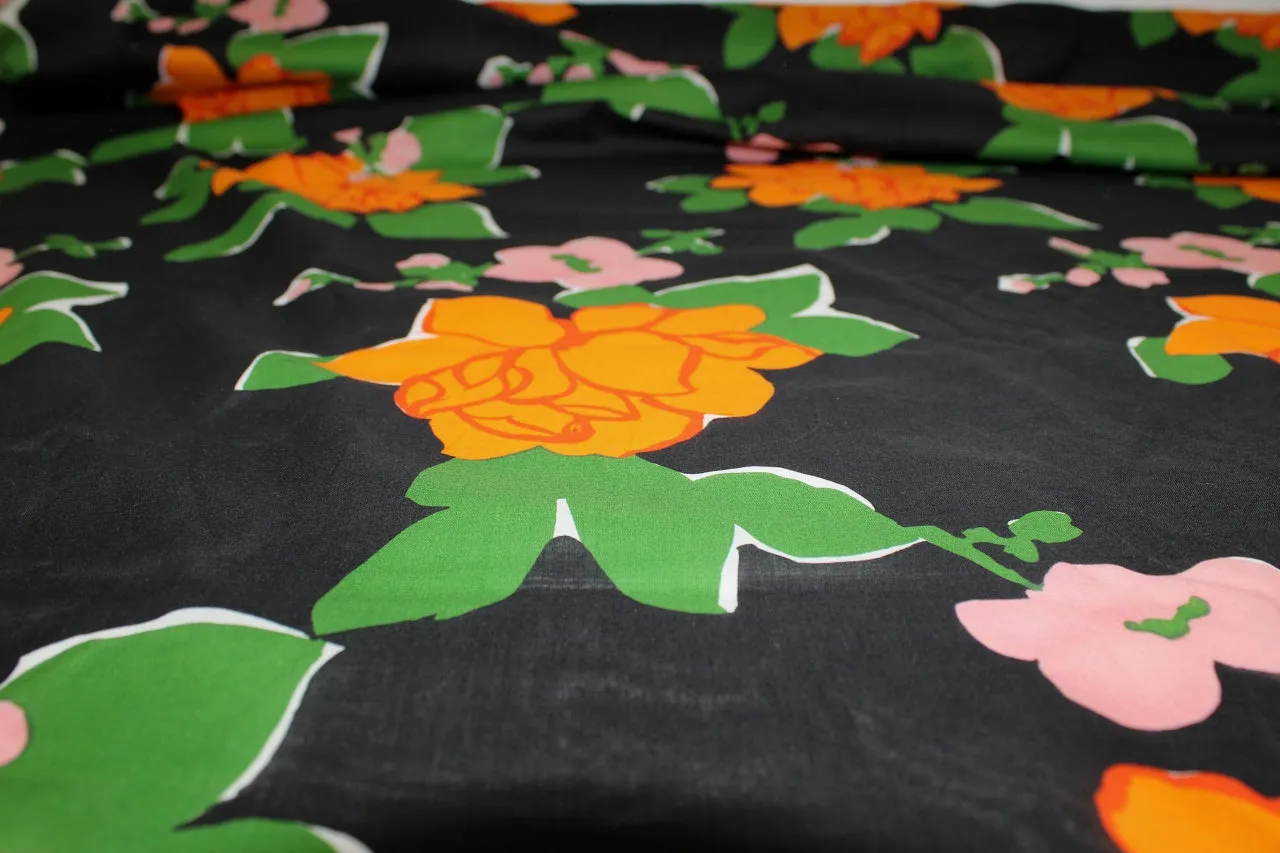 Haute NY Designer Floral Cotton Voile - Orange/Green/Rose on Black