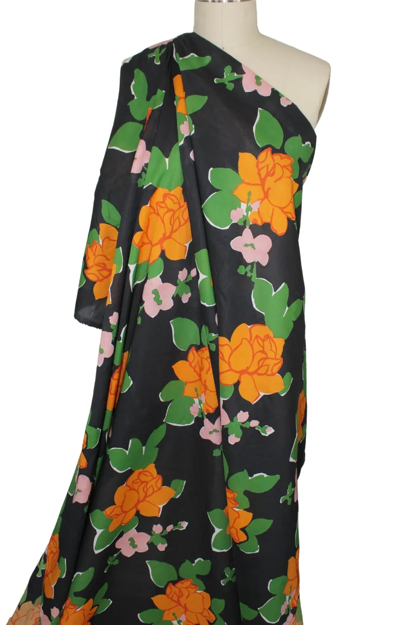 Haute NY Designer Floral Cotton Voile - Orange/Green/Rose on Black