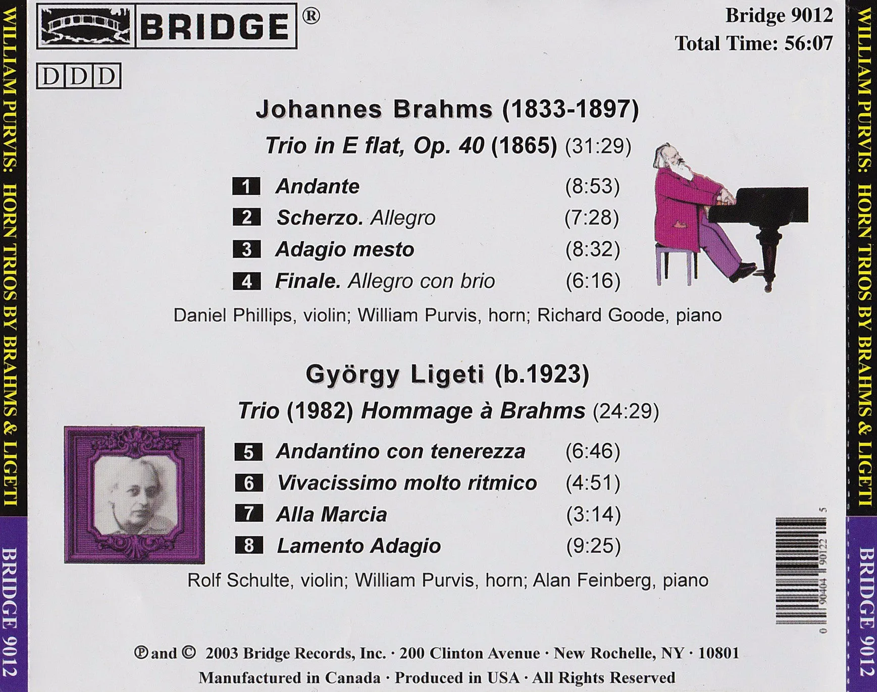 Horn Trios by Brahms and Ligeti <br> William Purvis, horn <BR> BRIDGE 9012