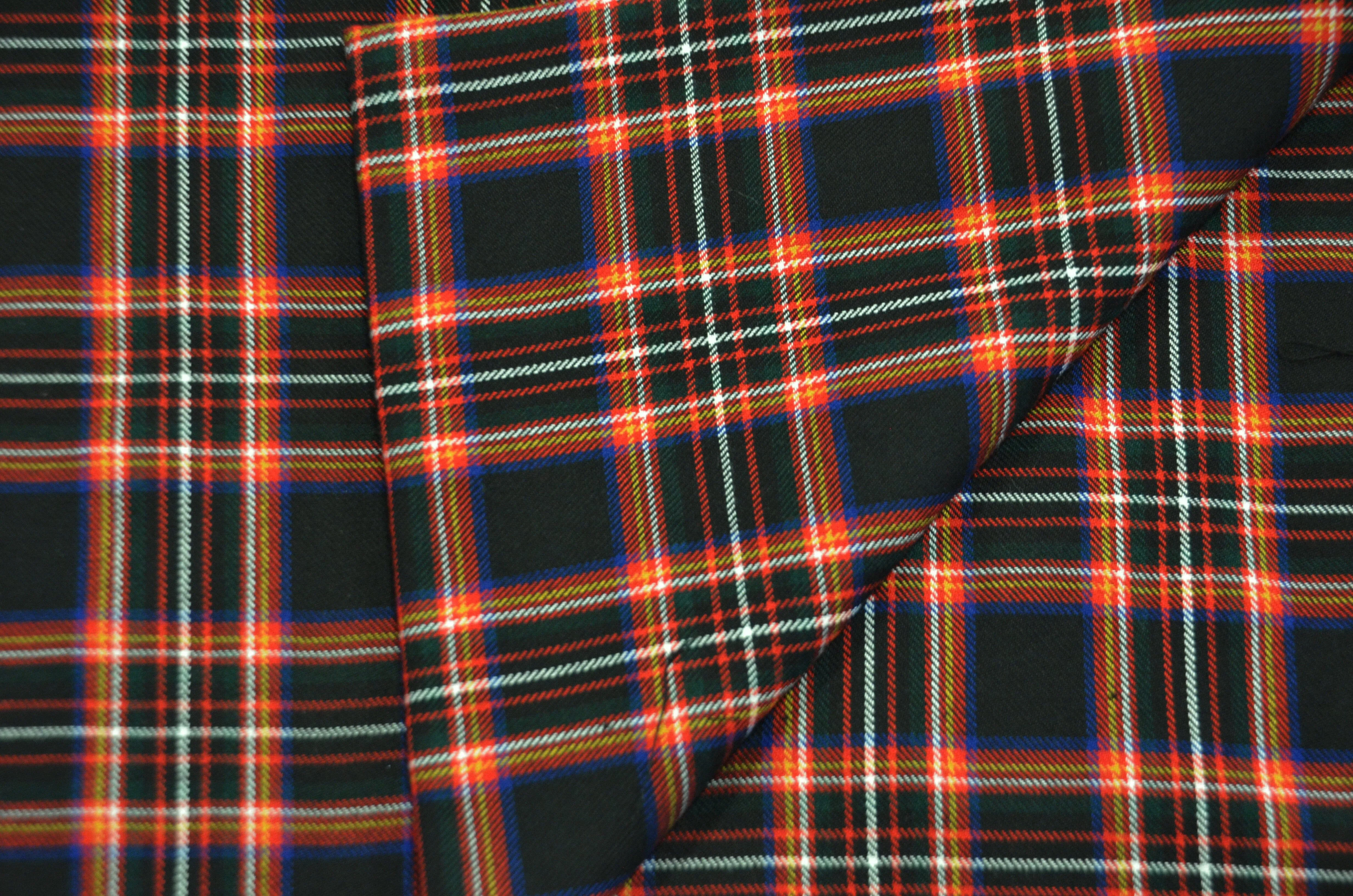 Irish Black Tartan Fabric | Black and Red Plaid Checker | 60" Wide | Poly Rayon Kilt | Decor, Napkins, Scarves, Costumes, Blanket, Face Mask, Kilt |