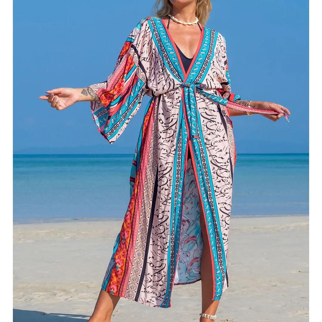 Italienischer Urlaub, V-Ausschnitt, lockeres Maxikleid, Kimono-Badeanzug, Überzug