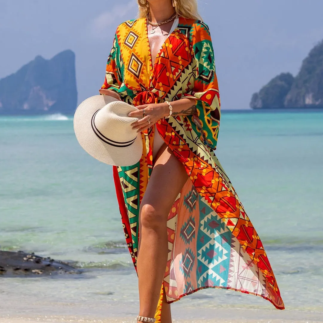 Italienischer Urlaub, V-Ausschnitt, lockeres Maxikleid, Kimono-Badeanzug, Überzug