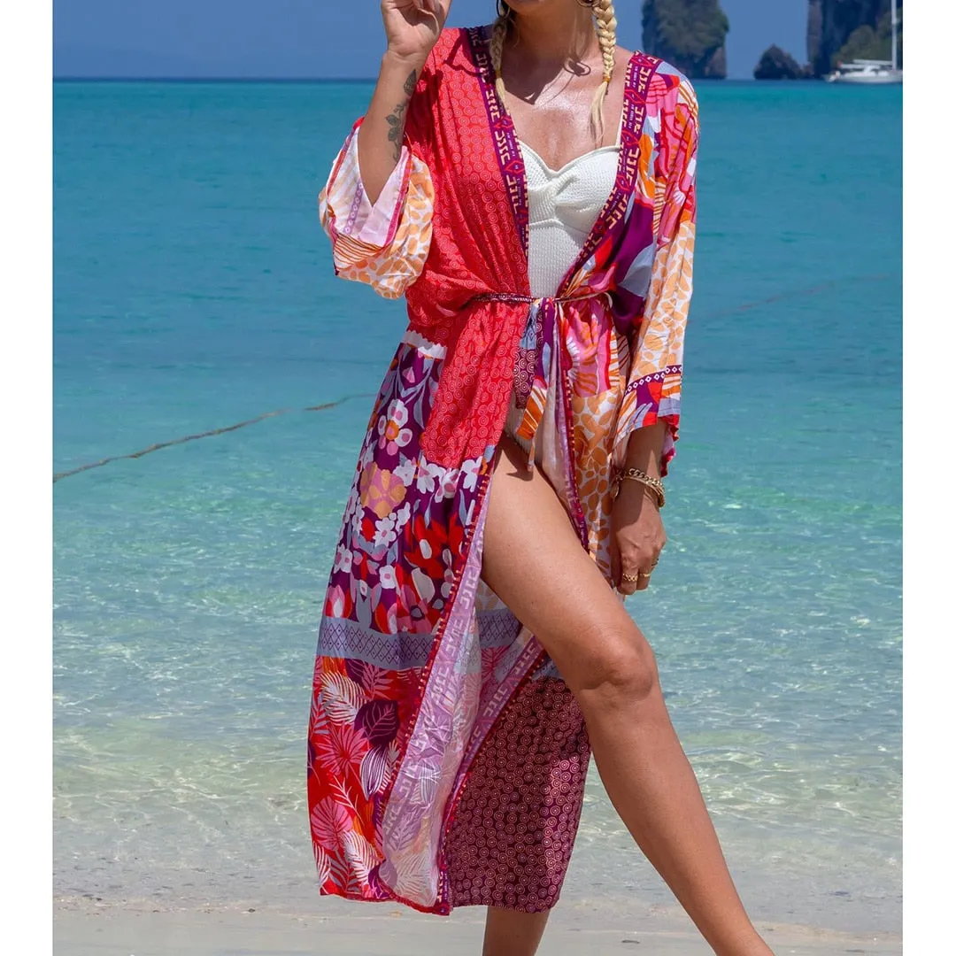 Italienischer Urlaub, V-Ausschnitt, lockeres Maxikleid, Kimono-Badeanzug, Überzug