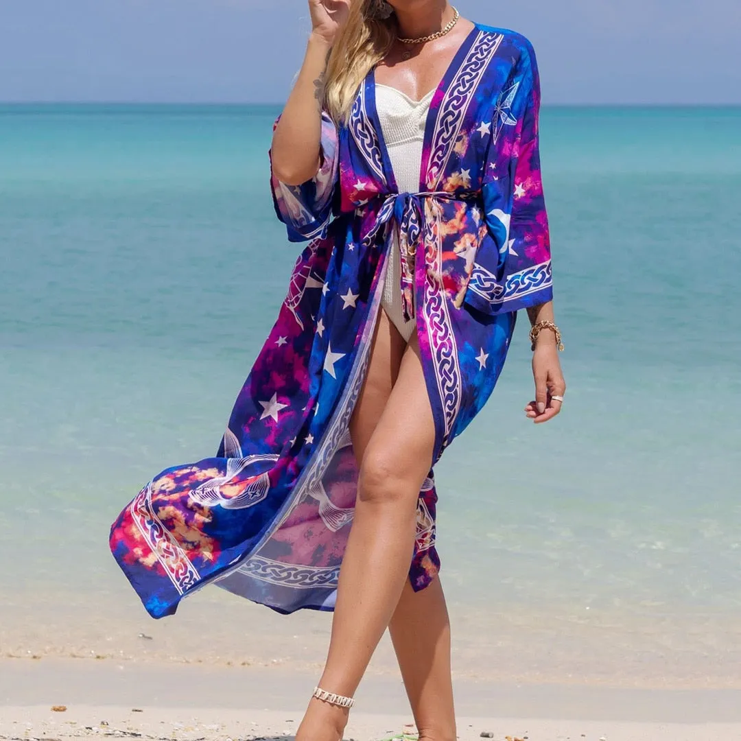 Italienischer Urlaub, V-Ausschnitt, lockeres Maxikleid, Kimono-Badeanzug, Überzug