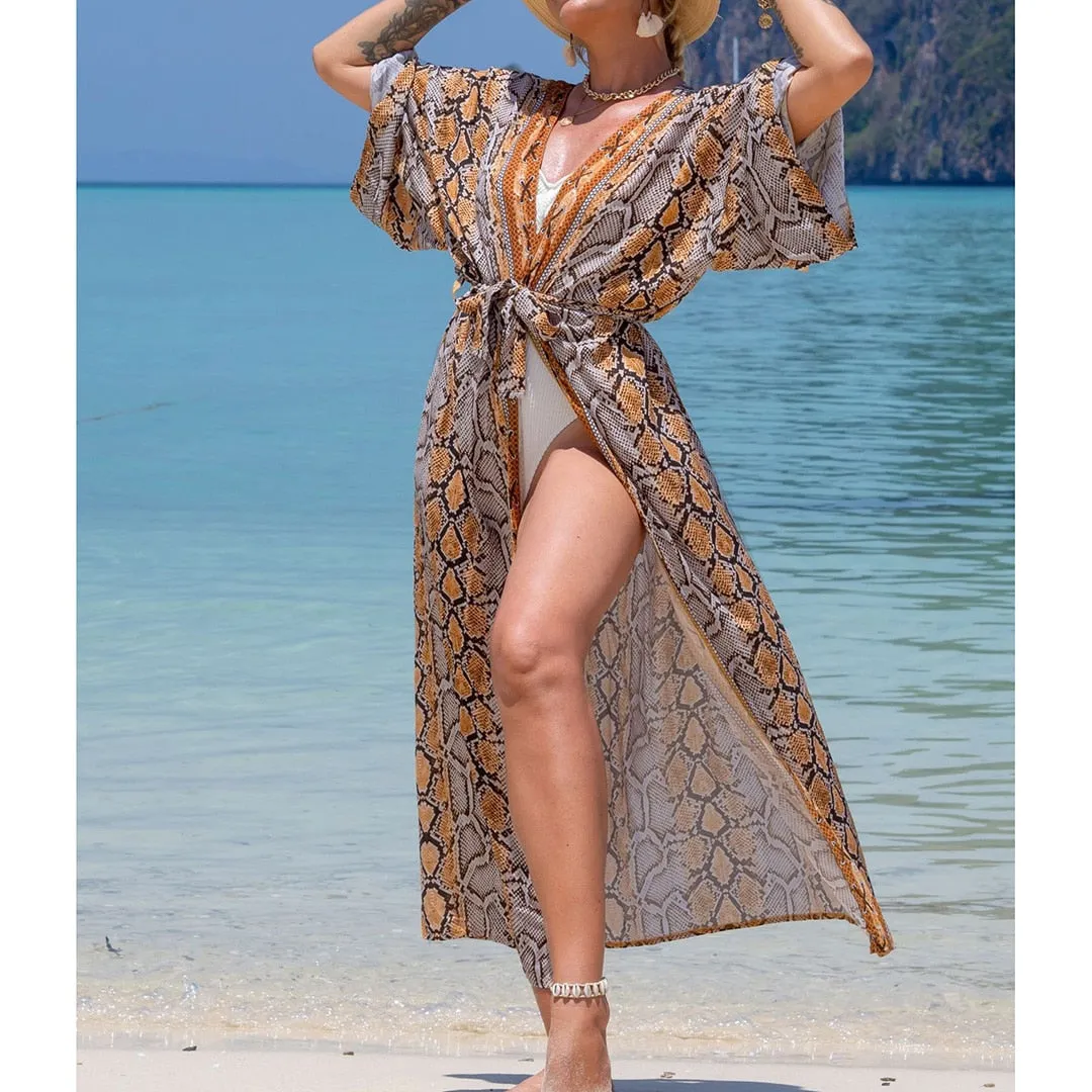 Italienischer Urlaub, V-Ausschnitt, lockeres Maxikleid, Kimono-Badeanzug, Überzug