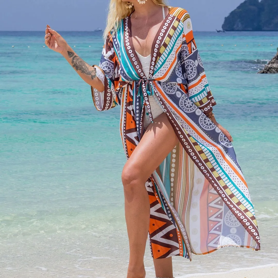 Italienischer Urlaub, V-Ausschnitt, lockeres Maxikleid, Kimono-Badeanzug, Überzug