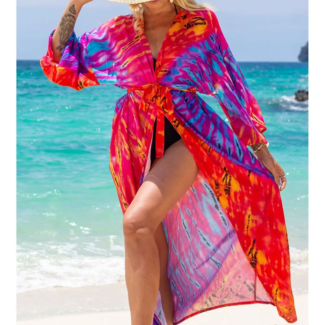 Italienischer Urlaub, V-Ausschnitt, lockeres Maxikleid, Kimono-Badeanzug, Überzug