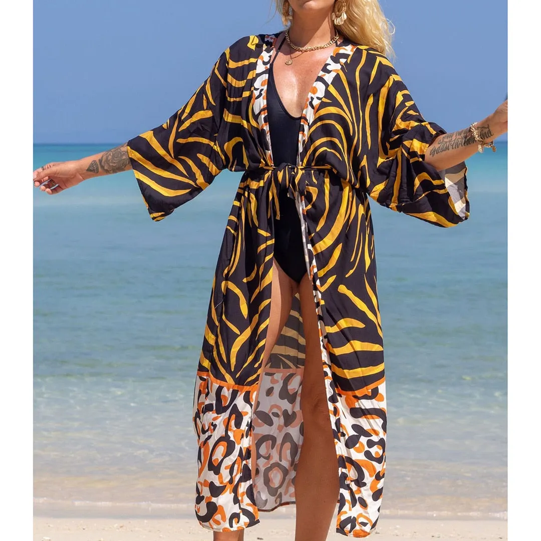 Italienischer Urlaub, V-Ausschnitt, lockeres Maxikleid, Kimono-Badeanzug, Überzug