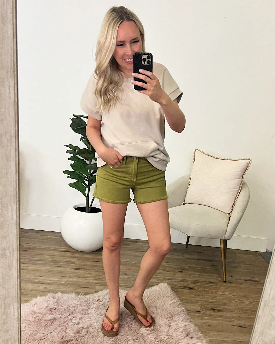 Judy Blue Matcha Green Fray Hem Shorts