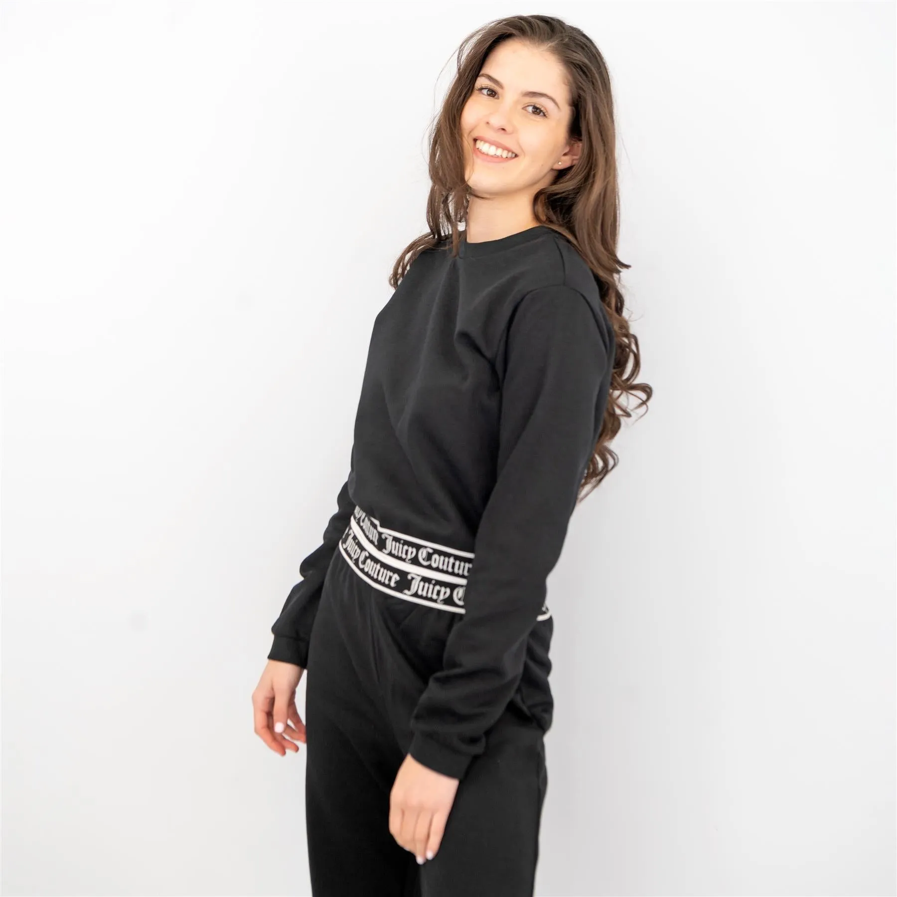 Juicy Couture Girls Black Long Sleeve Outfit Set Crop Top with Joggers Style Trousers