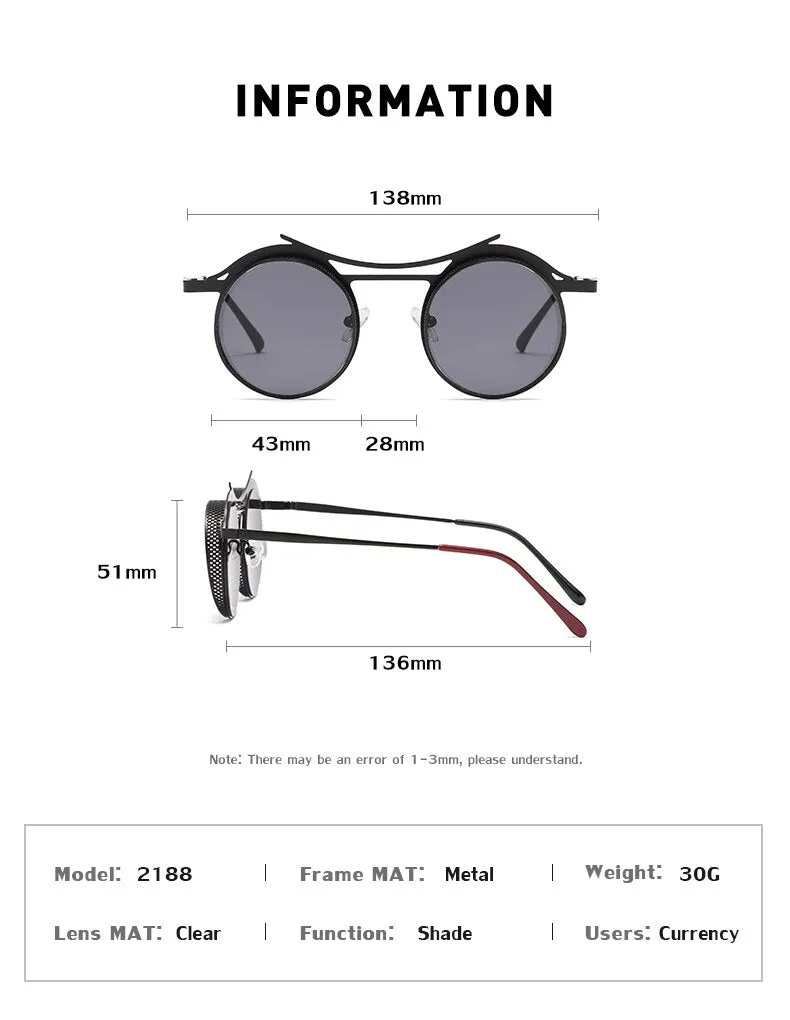 KEITHION Design Steampunk Style Round Vintage Sunglasses Retro Eyewear UV400 Protection Matel Frame