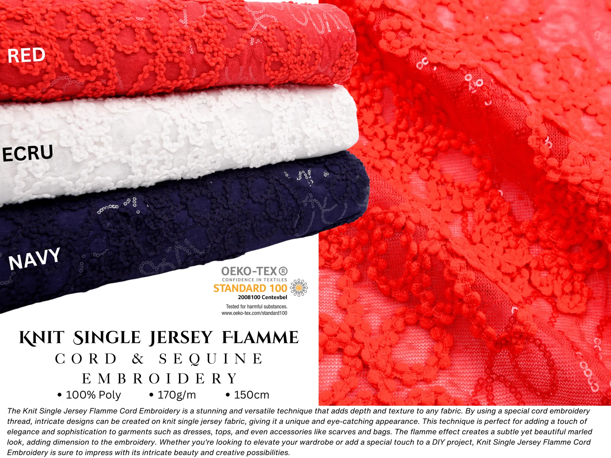 Knit Single Jersey Flamme Cord & Sequine Embroidery Fabric