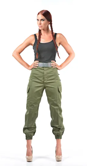 Ladies High Waist Olive Green Military Style Cargos