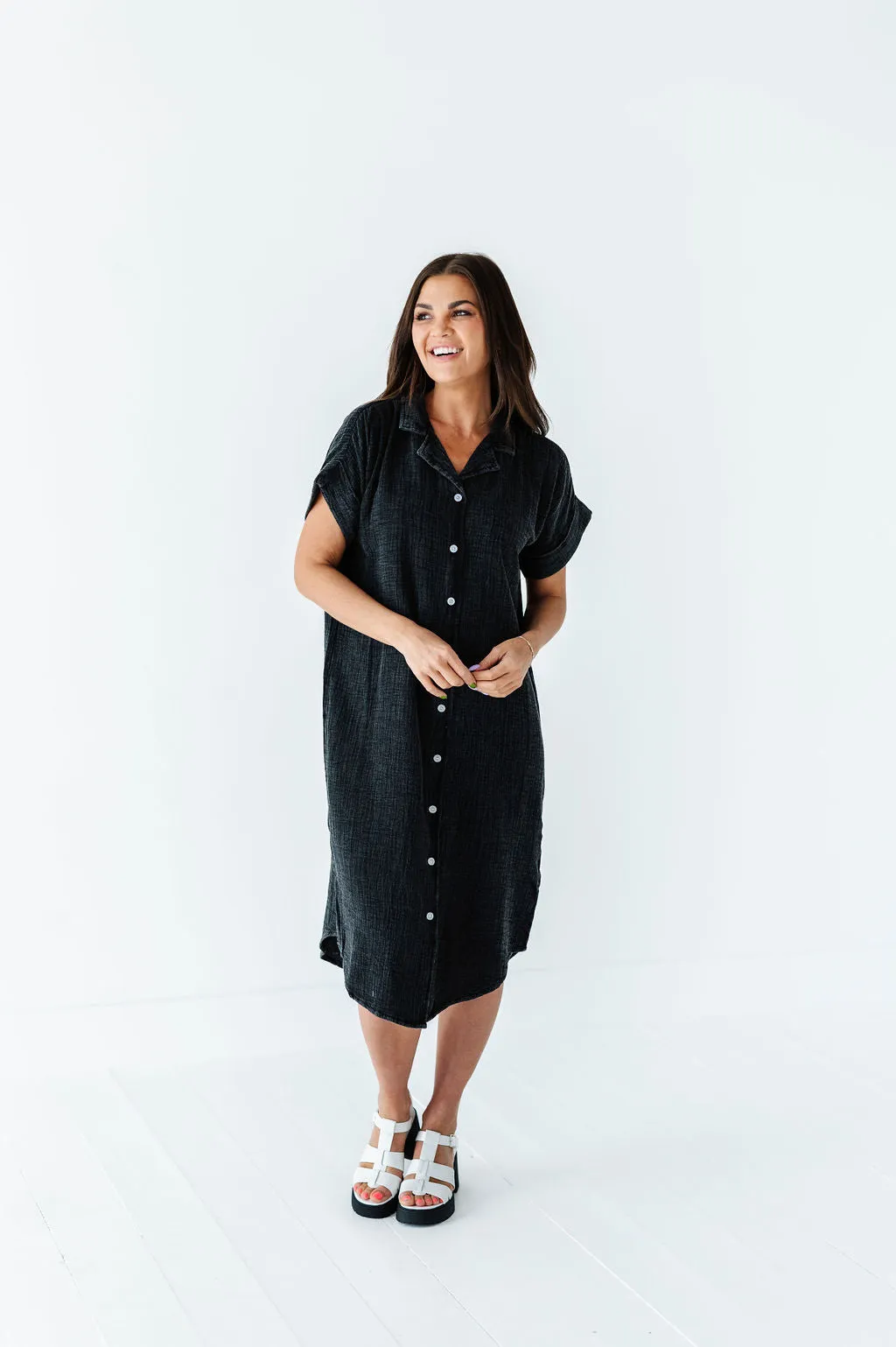 Malia Button Down Gauze Dress in Black